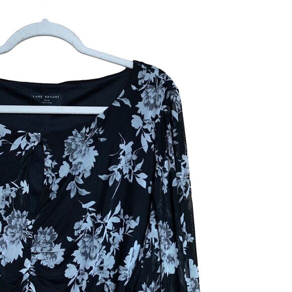 Lane Bryant Plus Size 26 28 Multicolor Floral Print Mesh Overlay Ruched Blouse - Picture 4 of 8